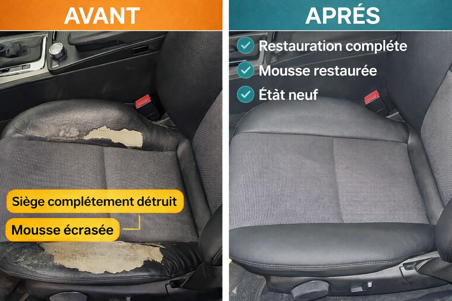 Restauration sièges cuir premium - Sellerie M.A.A CUIR Vaulx-en-Velin - Réparation siège déchiré, Réfection siège, Réparation Alcantara siège